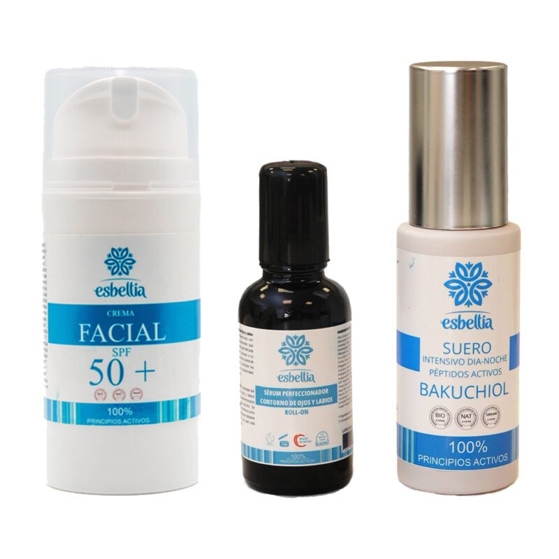 Pack Crema Facial Protectora Solar 50 + Contorno de Ojos + Suero Intensivo Bakuchiol